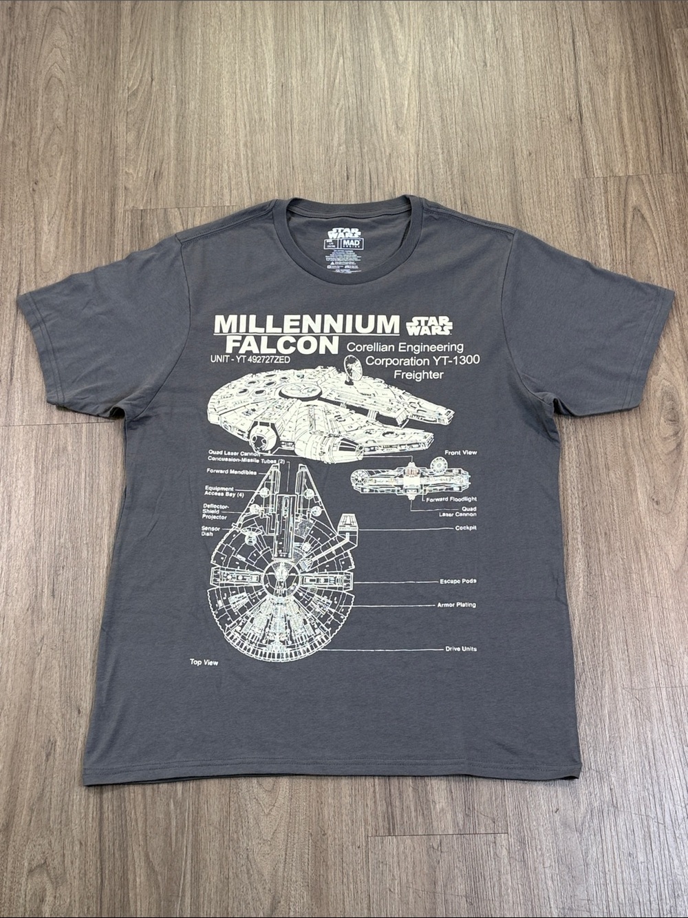Star Wars Millennium Falcon Blueprint Tee - Charcoal Gray, 80% Cotton, Size L